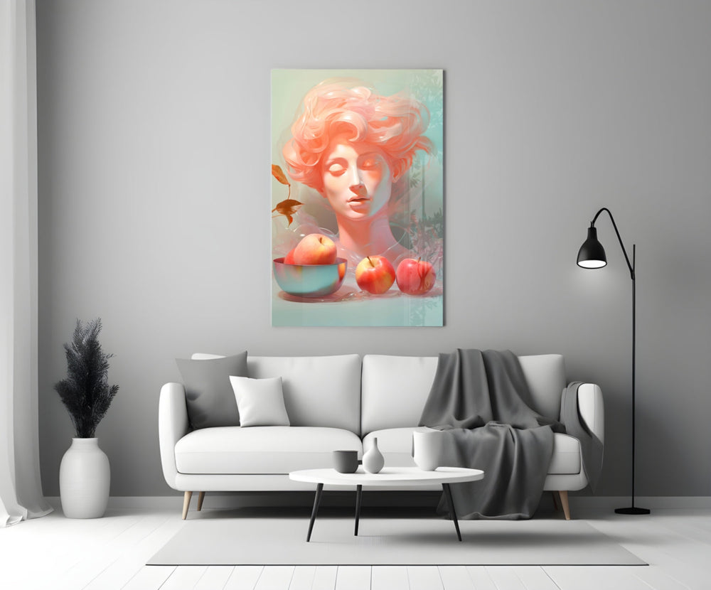 Close-up detail of pastel muse with apples behind glass