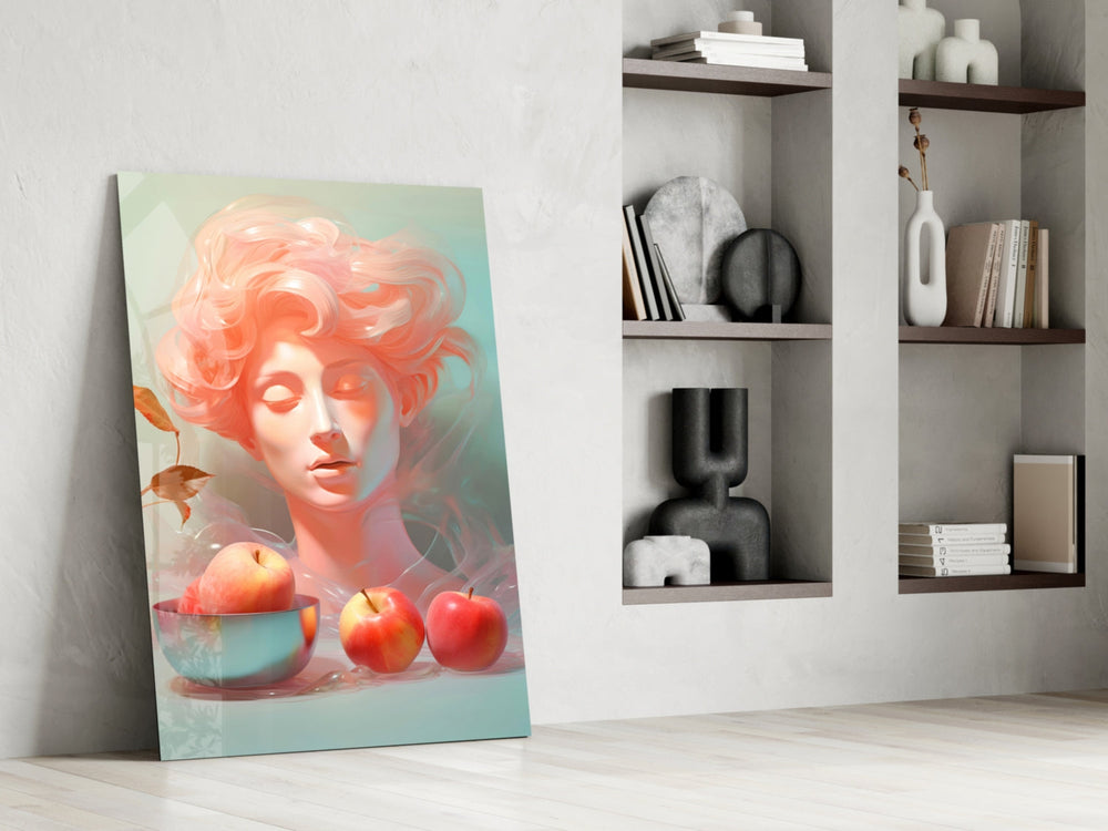 Pastel portrait panel against a moody dark-painted accent wall