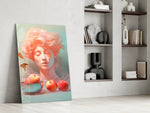 Pastel portrait panel against a moody dark-painted accent wall