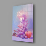 Designer-collection pastel-portrait panel anchoring a vanity wall