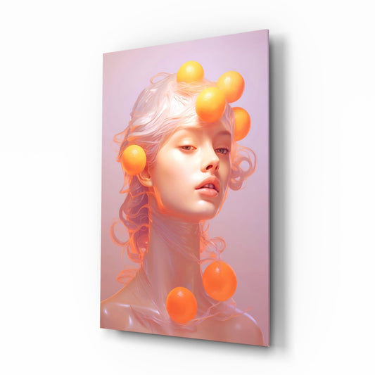 Queen of Orange glass wall art in a modern bedroom