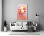 Close-up detail of pastel muse with floating oranges behind glass