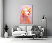 Close-up detail of pastel muse with floating oranges behind glass
