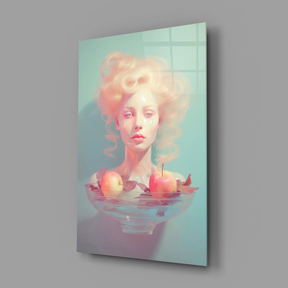 Designer-collection pastel-portrait panel anchoring a vanity wall