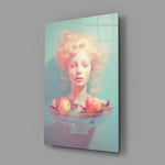 Designer-collection pastel-portrait panel anchoring a vanity wall