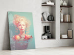Pastel portrait panel against a moody dark-painted accent wall