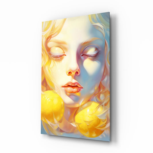 Lemony Dreams glass wall art in a modern bedroom