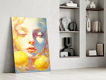 Pastel portrait panel against a moody dark-painted accent wall