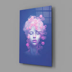 Designer-collection pastel-portrait panel anchoring a vanity wall