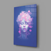 Designer-collection pastel-portrait panel anchoring a vanity wall