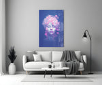 Close-up detail of pastel muse with pink bubble crown behind glass