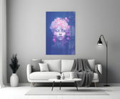 Close-up detail of pastel muse with pink bubble crown behind glass