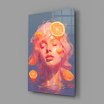 Designer-collection pastel-portrait panel anchoring a vanity wall