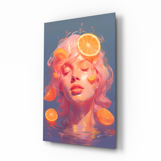 Orange Bubbles glass wall art in a modern bedroom