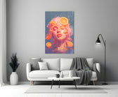 Close-up detail of pastel muse with floating orange slices behind glass