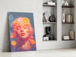 Pastel portrait panel against a moody dark-painted accent wall