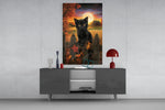 Autumn Cat glass wall art catching light to reveal its painted leaves
