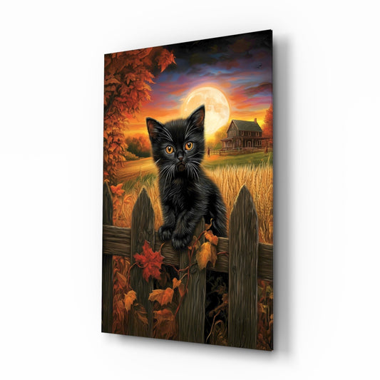 Autumn Cat glass wall art in a cozy living room