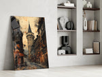 Cityscape panel against a moody dark-painted accent wall