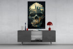 City Skull glass wall art catching light to reveal its painted drip