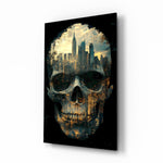 City Skull glass wall art in a modern living room