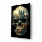 City Skull glass wall art in a modern living room