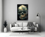 Close-up detail of Manhattan skyline inside skull behind glass