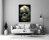 Close-up detail of Manhattan skyline inside skull behind glass