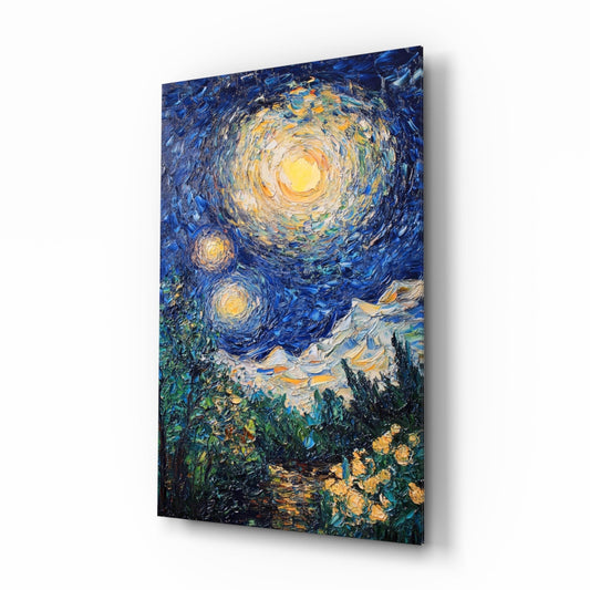 Starry Night Review glass wall art in a modern living room