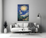 Close-up detail of Van Gogh-style swirling sky behind glass
