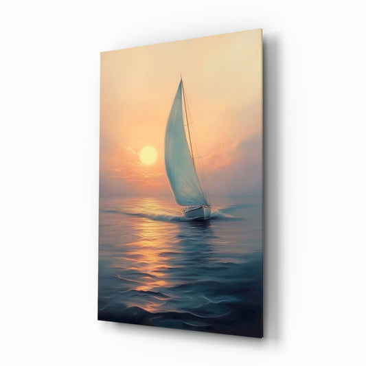 Sunset Sailboat glass wall art in a coastal living room