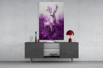 Purple Deer glass wall art catching light to reveal its painted blossoms