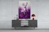 Purple Deer glass wall art catching light to reveal its painted blossoms