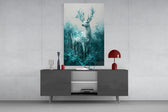 Mint Deer glass wall art catching light to reveal its painted blossoms