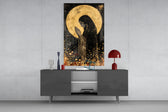 Golden Prayers of Mary glass wall art catching light to reveal its painted gold