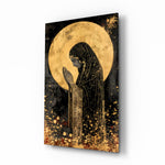 Golden Prayers of Mary glass wall art in a quiet meditation room