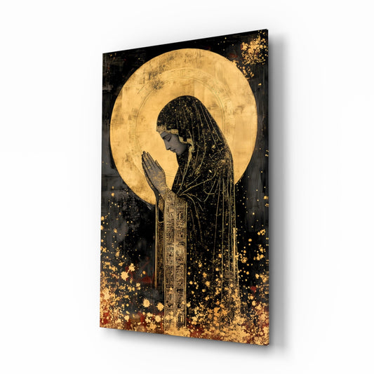 Golden Prayers of Mary glass wall art in a quiet meditation room