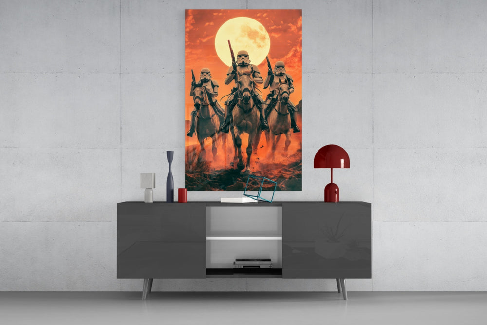 Cowboy Empire glass wall art catching light to reveal its painted dust