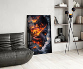 Surreal glass print bringing fire-and-cloud edge to a teen's bedroom