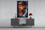 The Fire Within quoted glass wall art catching light to reveal its painted embers