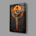 Designer-collection Egyptian-icon panel anchoring a creative loft wall