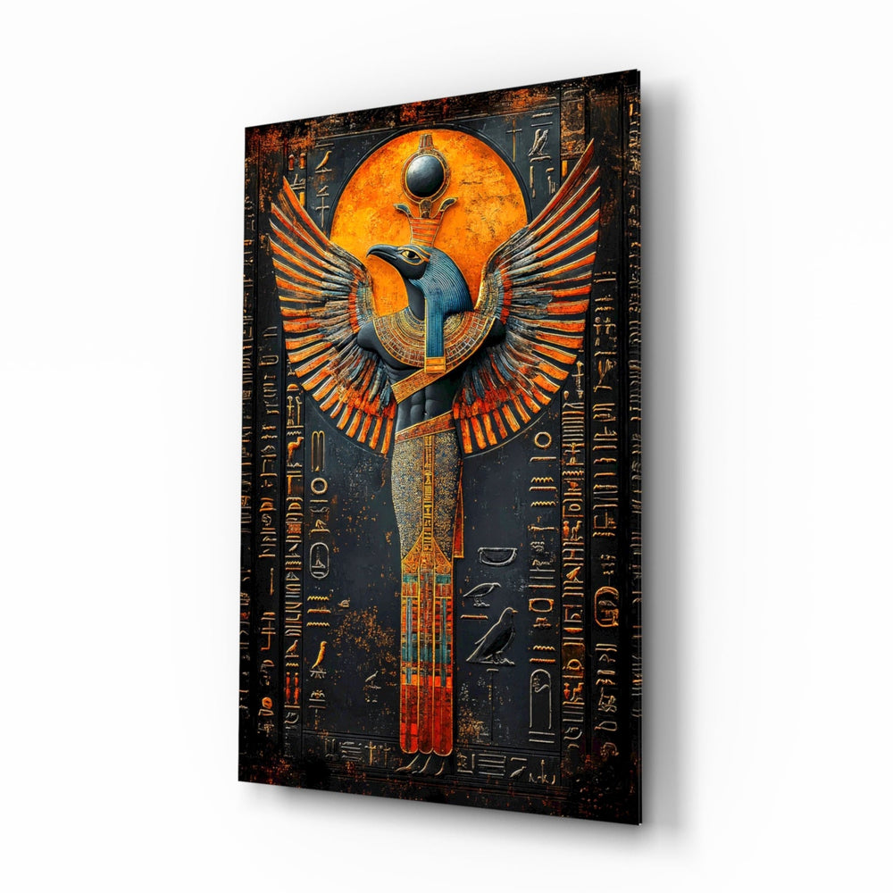 Winged God Horus glass wall art in a modern study