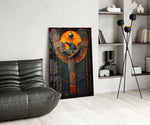 Egyptian glass print bringing mythology edge to a hallway gallery
