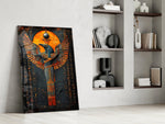 Egyptian icon panel against a moody dark-painted accent wall