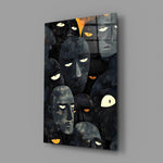 Designer-collection cubist-folk panel anchoring a modern living room wall