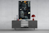 Foreign Faces glass wall art catching light to reveal its painted brushwork
