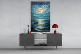 Boat in the Full Moon glass wall art catching light to reveal its painted ripples