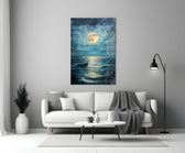 Close-up detail of lone boat under full moon behind glass