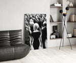 Fashion-noir glass print bringing editorial edge to a modern living room