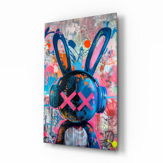 Graffiti Rabbit glass wall art in a modern creative studio